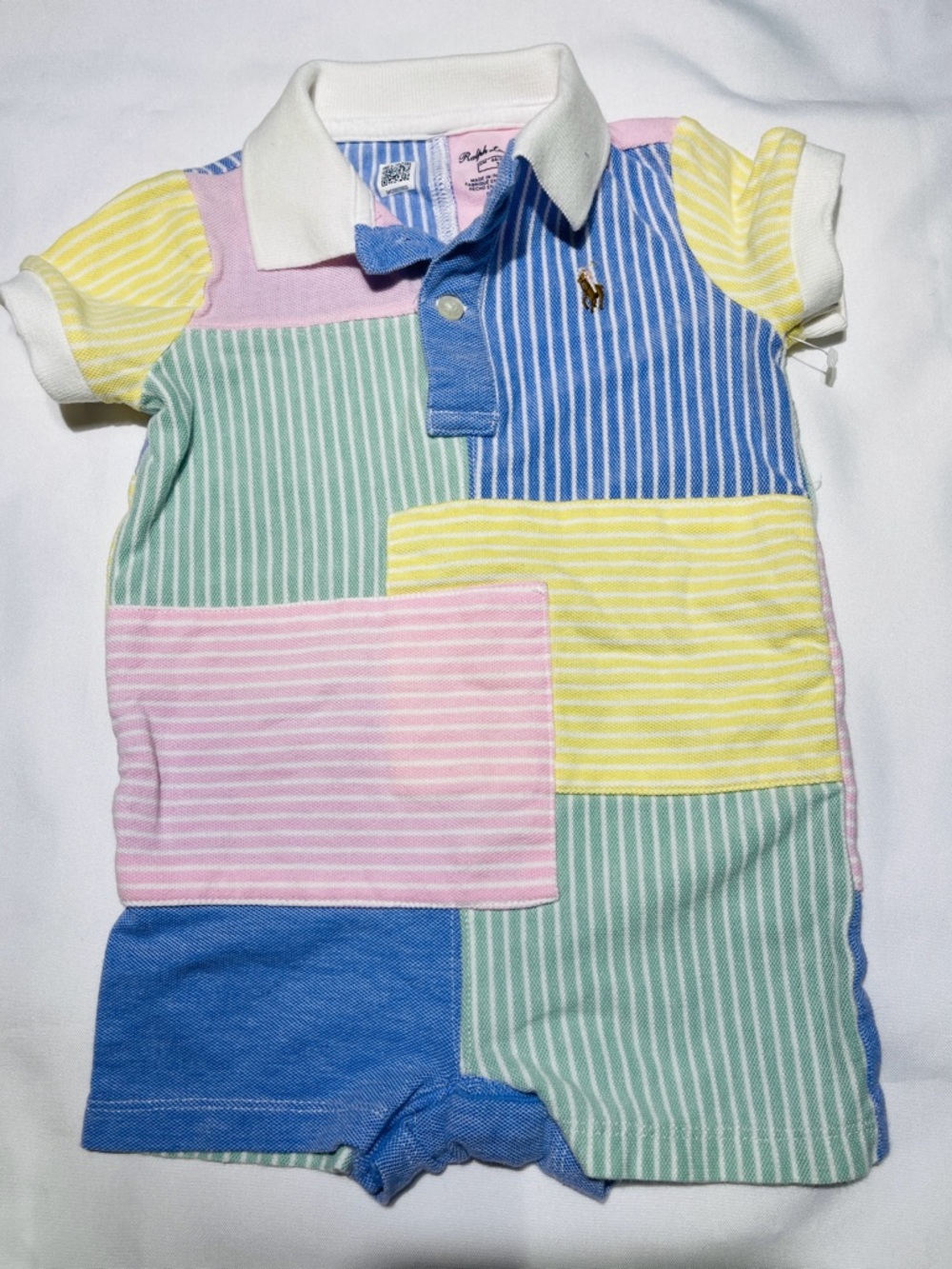 Ralph Lauren Patchwork Striped Polo Romper - Blue, Pink, Yellow, Green, White